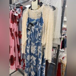 Floral Blue Midi Dress with Lace Cardigan - Blue/White